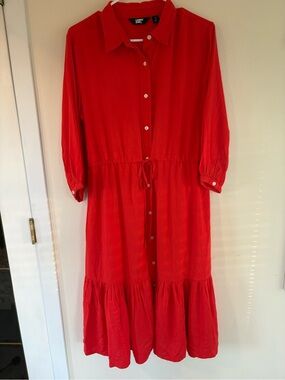 Lands’ End Red 100% Viscose Button Front Midi Shirt Dress Drawstring Size S NWT